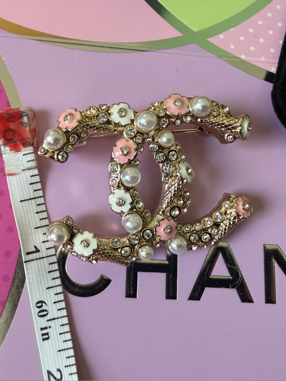 Chanel CC Logo Floral Pearl Rhinestone Brooch - Pink, White, Gold - Picture 8 of 9